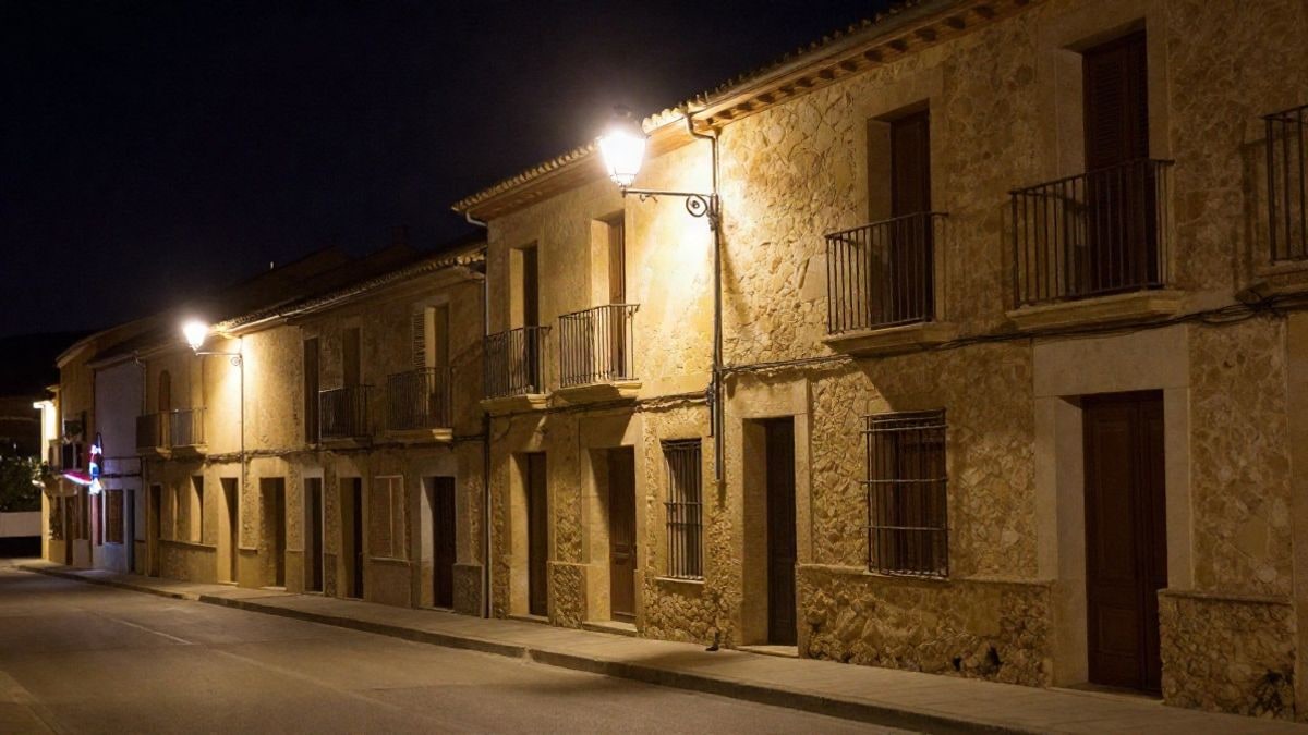 Illustrative image: facades of old houses in a village with closed windows, illuminated by a streetlight at night