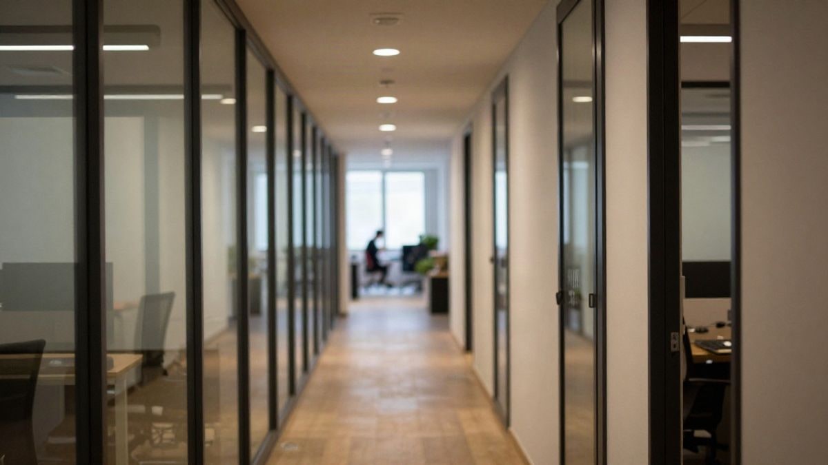 Imagen ilustrativa: pasillo de oficinas modernas con paredes de cristal y luz natural