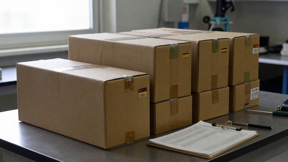 Imagen ilustrativa: cajas precintadas con fusiles sobre una mesa de laboratorio balístico