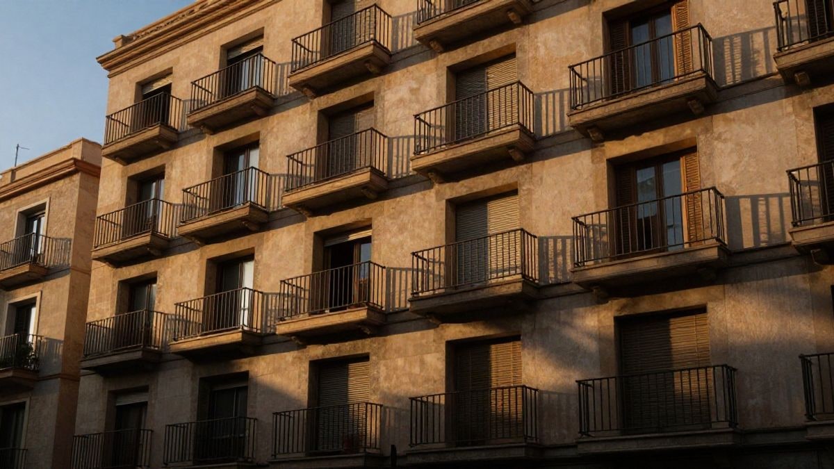 Illustrative image: facade of a modern residential building at sunset with elongated shadows
