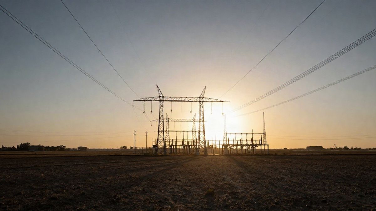 Imagen ilustrativa: torres de alta tensión y líneas eléctricas convergiendo al atardecer