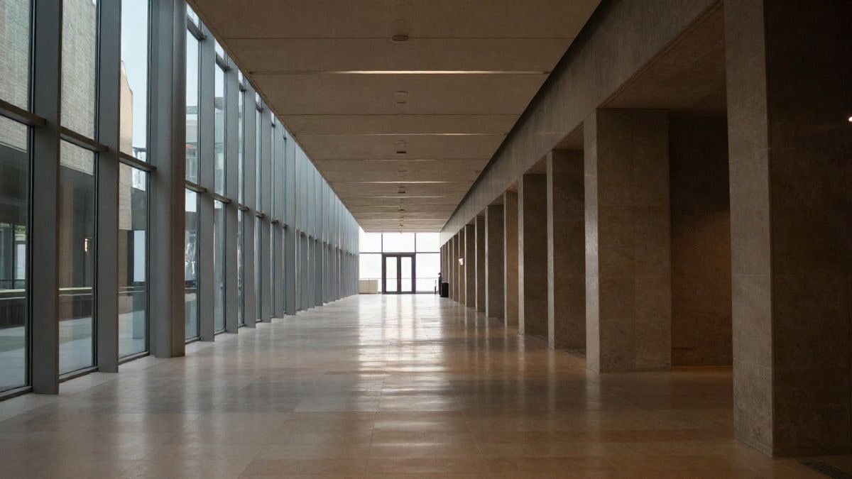 Imagen ilustrativa: pasillo largo de un palacio de congresos moderno con líneas que convergen y luz natural al fondo