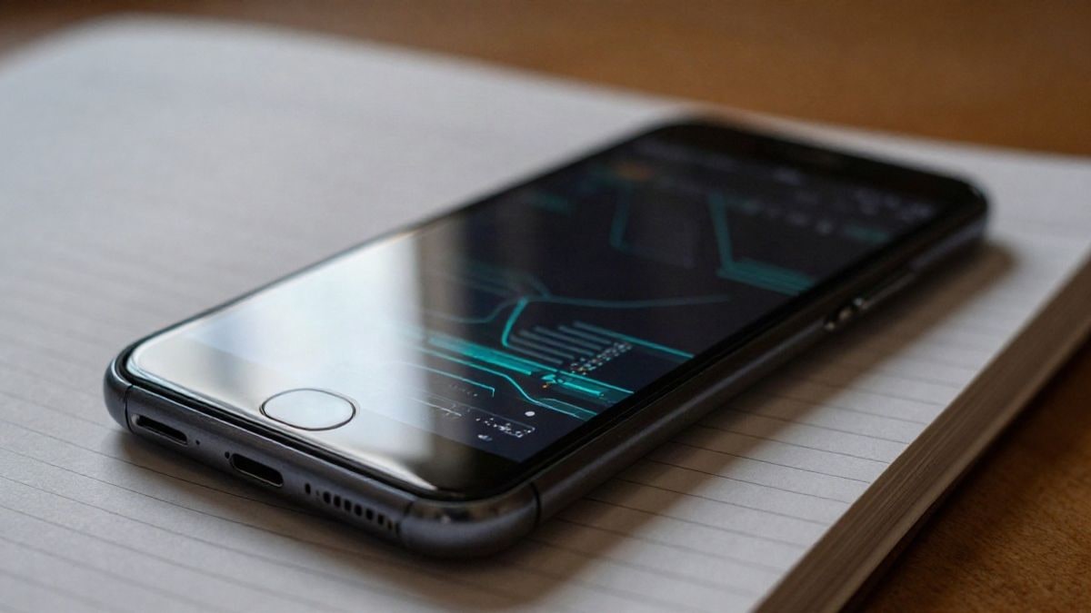 Imagen ilustrativa: primer plano de un teléfono móvil y una libreta sobre una mesa de madera, con líneas de datos luminosas en la pantalla