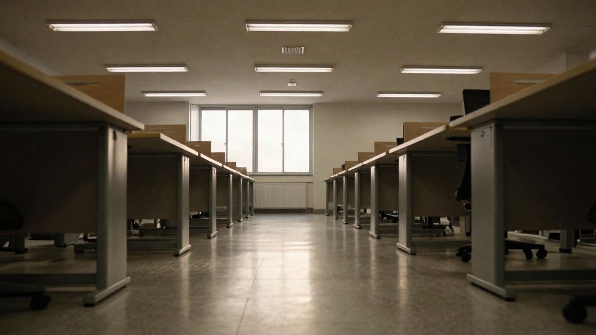Imagen ilustrativa: pasillo de oficinas con mesas vacías y luz natural al fondo