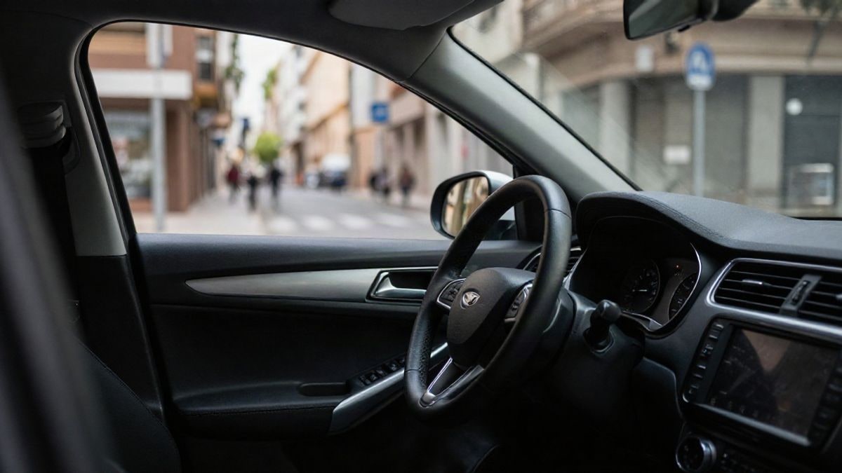 Imagen ilustrativa: interior de un coche moderno vacío con volante y salpicadero iluminados por luz de ventana lateral