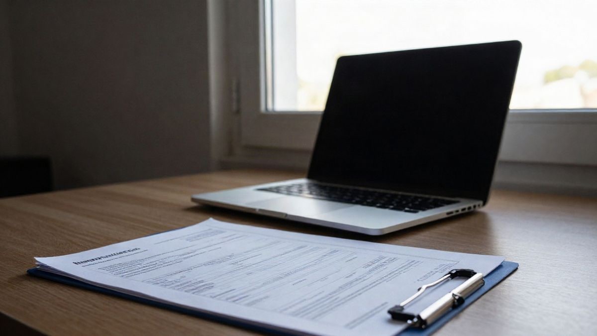Illustrative image: desk by a window with side light, featuring a closed laptop and a folder