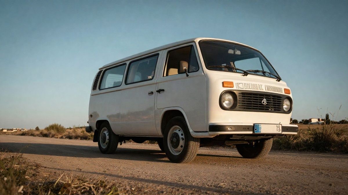 Illustrative image: a vintage-style white van parked on a dirt road at sunset