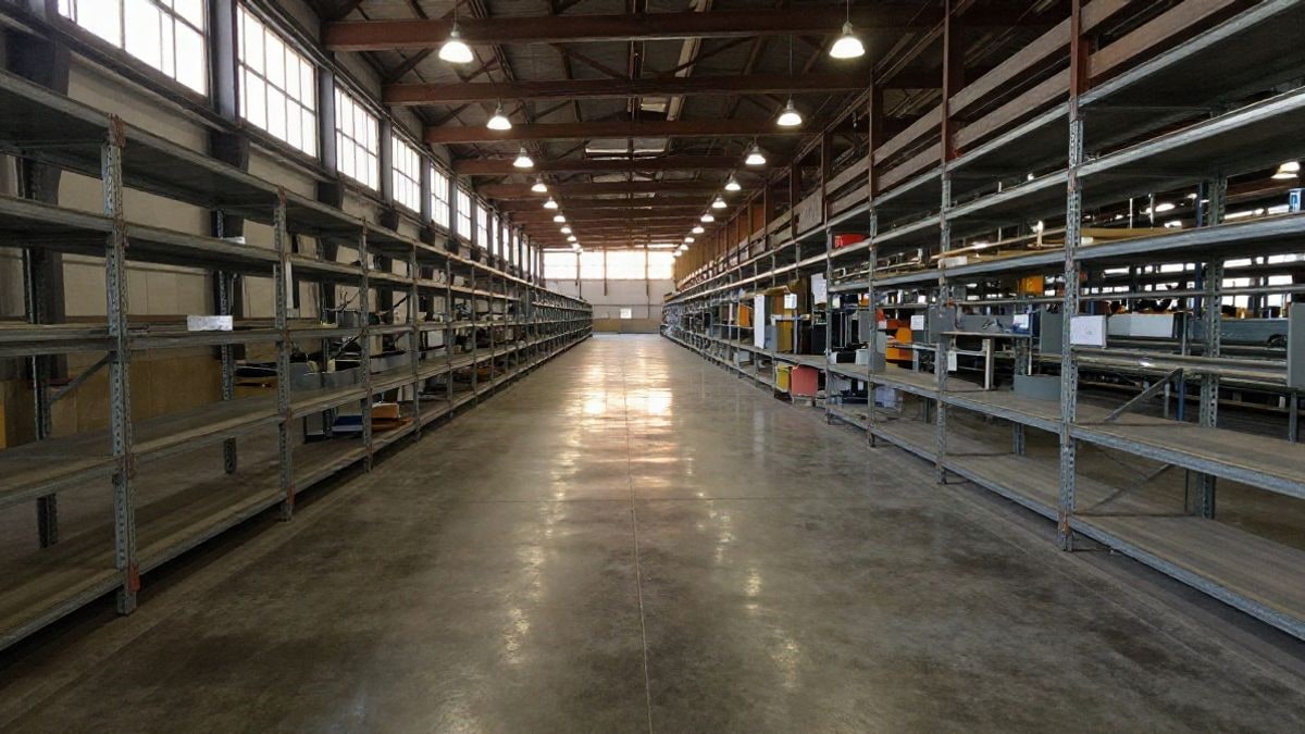 Imagen ilustrativa: nave industrial vacía con líneas que convergen hacia el fondo y luz de tarde entrando por ventanas altas
