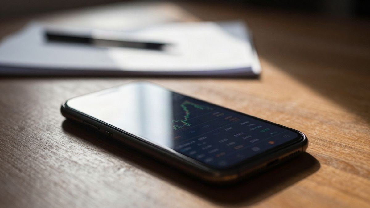 Imagen ilustrativa: un teléfono móvil sobre una mesa de madera con un gráfico financiero difuminado en la pantalla