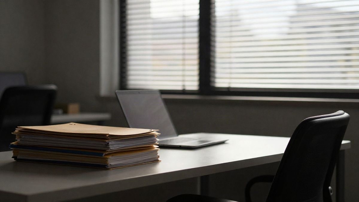 Illustrative image: desk with folders and computer in an office with side light