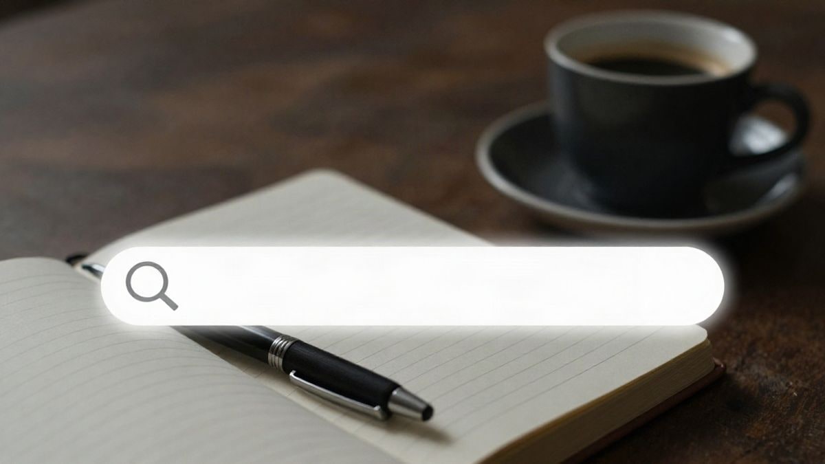 Illustrative image: overhead view of a mobile phone on a wooden table next to a notebook and a coffee cup