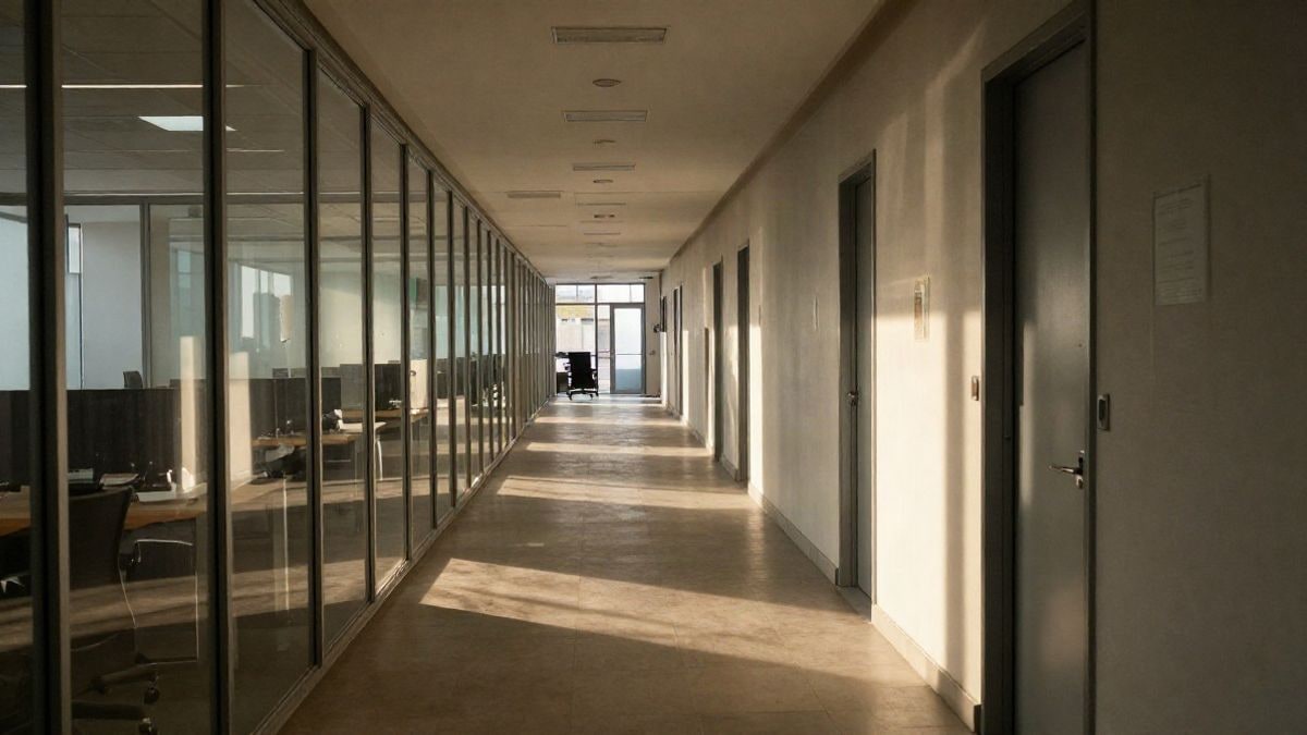 Imagen ilustrativa: pasillo de oficinas administrativas con líneas que convergen y luz natural al atardecer