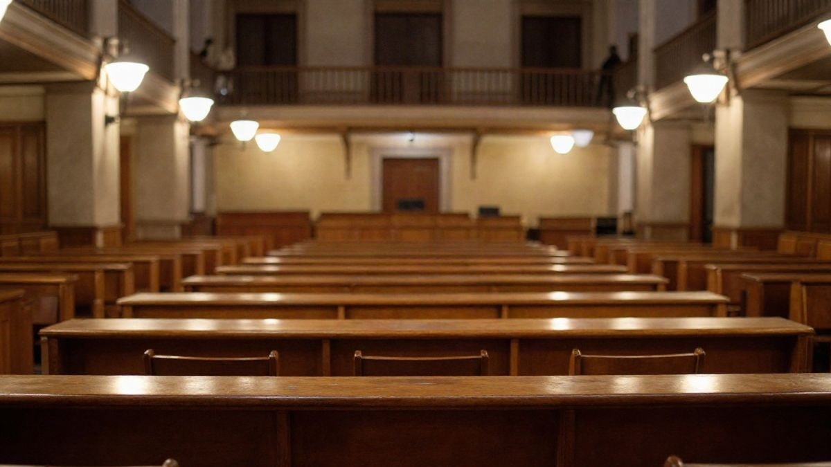 Illustrative image: empty council chamber illuminated at night with warm artificial light and wooden benches