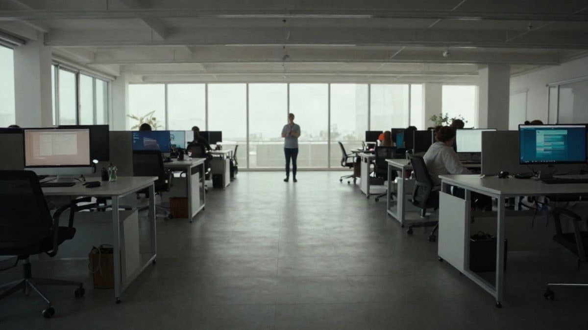 Illustrative image: modern workspace with desks and screens, with a distant and blurred figure