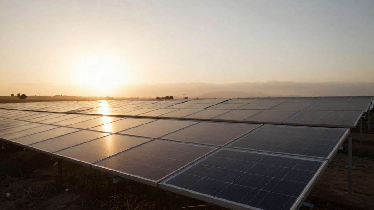 Illustrative image: rows of solar panels at sunset with long shadows and golden light