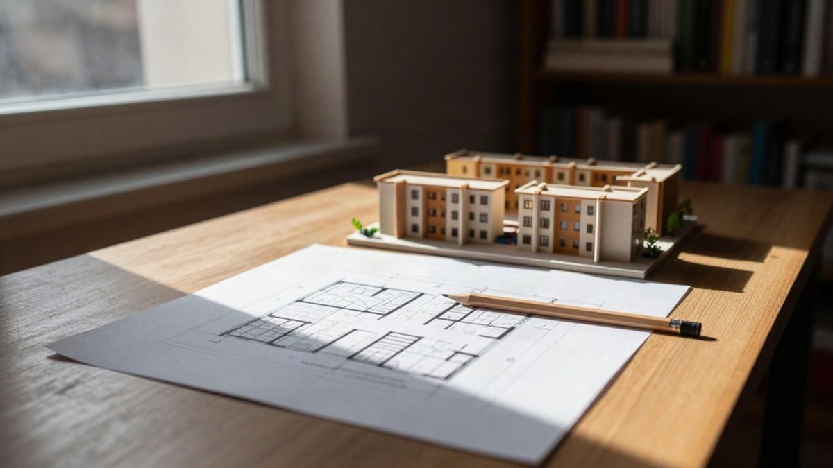 Illustrative image: wooden table with architectural plans and a model of residential blocks under side window light