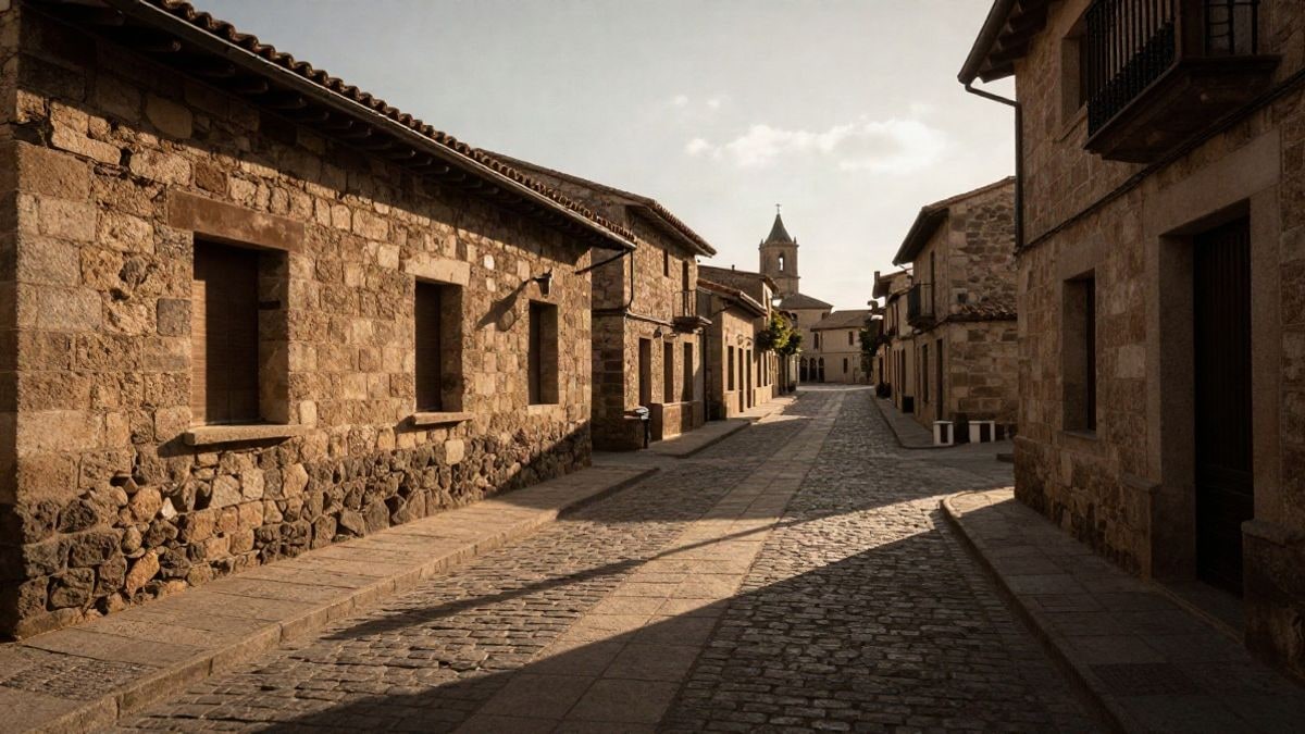 Illustrative image: main street of a rural Spanish village at sunset, with stone buildings and long shadows