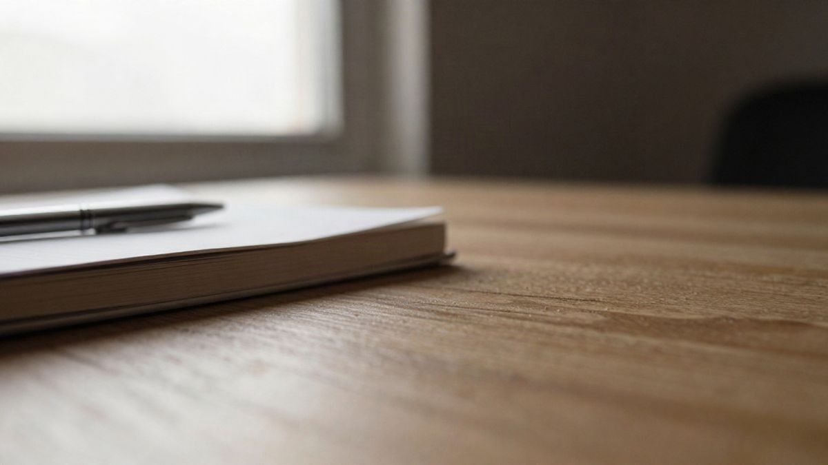 Illustrative image: detail of a light wooden table with a closed notebook and a pen under natural light