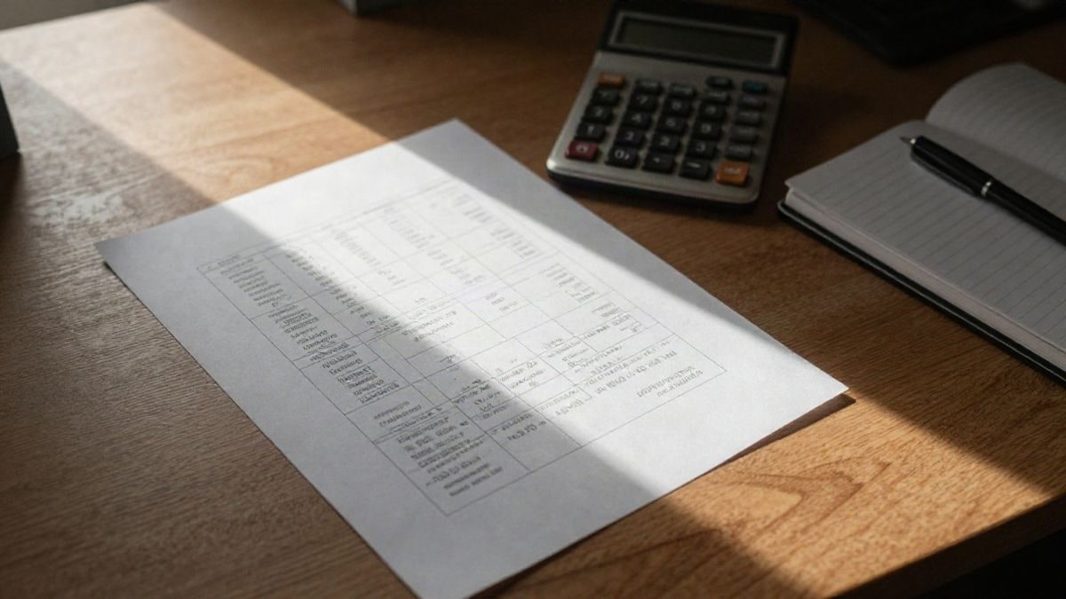 Imagen ilustrativa: vista cenital de una mesa de madera con un gráfico bursátil impreso, una calculadora y un bolígrafo.