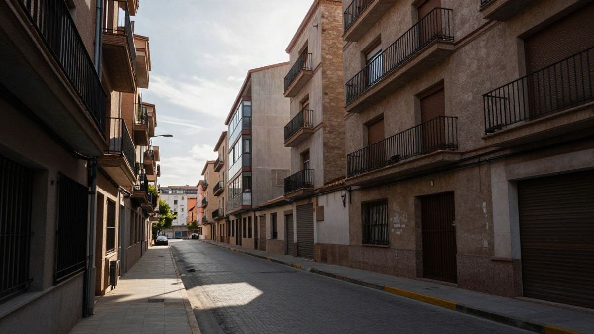 Imagen ilustrativa: calle de bloques de viviendas nuevas vista en gran angular al atardecer