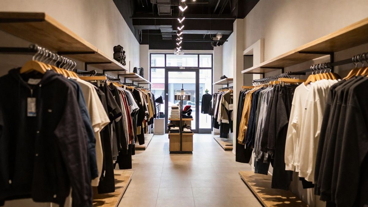 Illustrative image: interior of a modern clothing store with lines converging towards the background