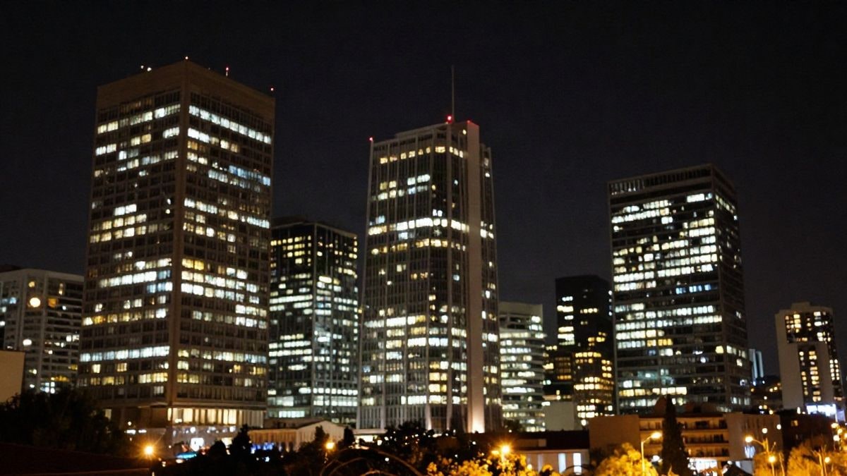 Imagen ilustrativa: rascacielos de oficinas iluminados de noche en un distrito financiero