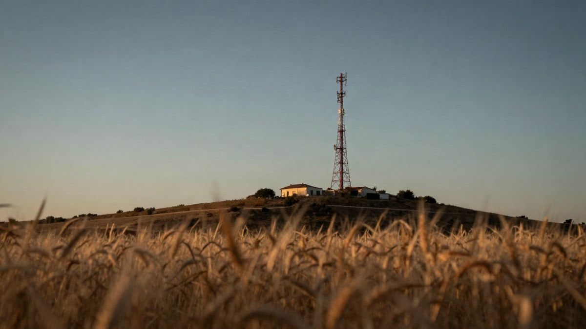 Imagen ilustrativa: antena de telecomunicaciones en una colina rural al atardecer, con fondo desenfocado