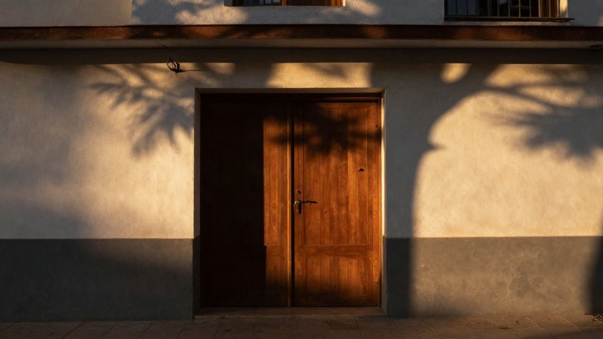 Imagen ilustrativa: contraluz al atardecer de una puerta con cerradura inteligente y sombras largas