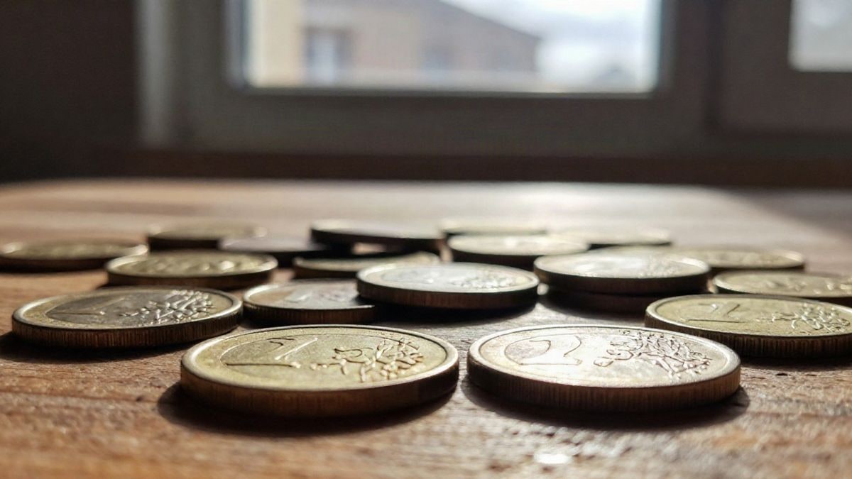 Illustrative image: close-up of a pile of euro coins on a wooden table with warm sunset light