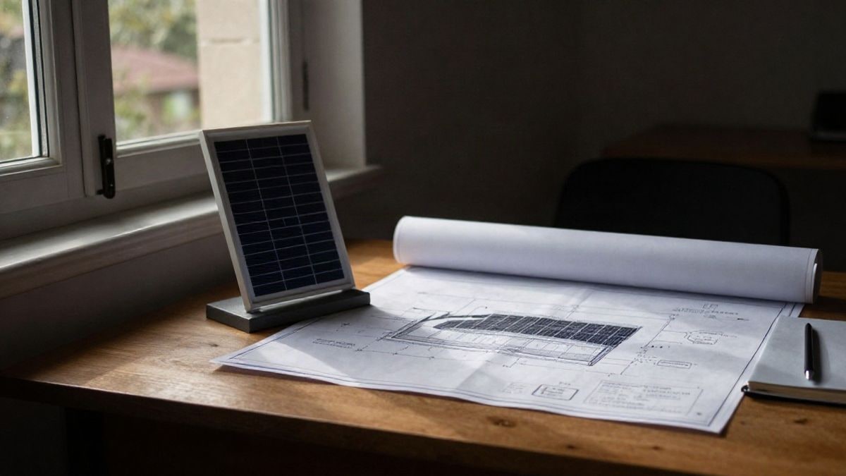 Imagen ilustrativa: mesa de madera con maqueta de panel solar y planos enrollados junto a una ventana con luz lateral