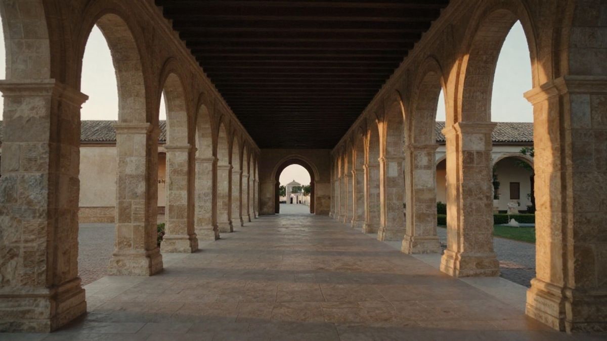 Imagen ilustrativa: columnata de piedra con arcos que converge hacia una puerta lejana al atardecer, en una finca señorial andaluza