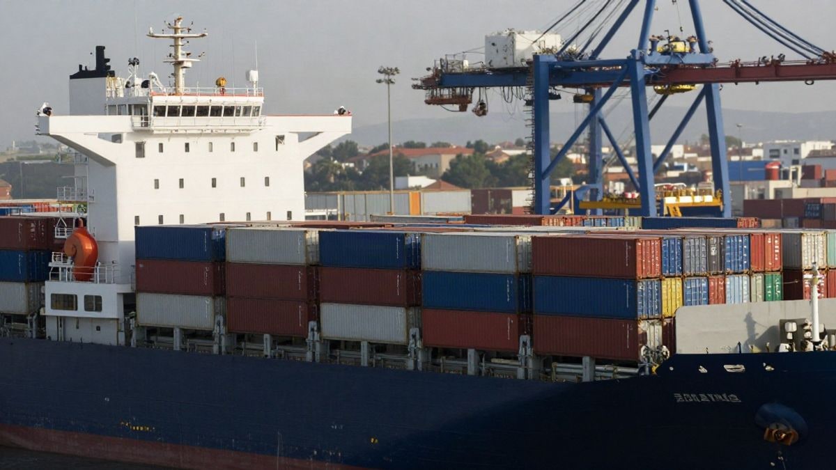 Illustrative image: overhead view of a cargo ship with containers in a port