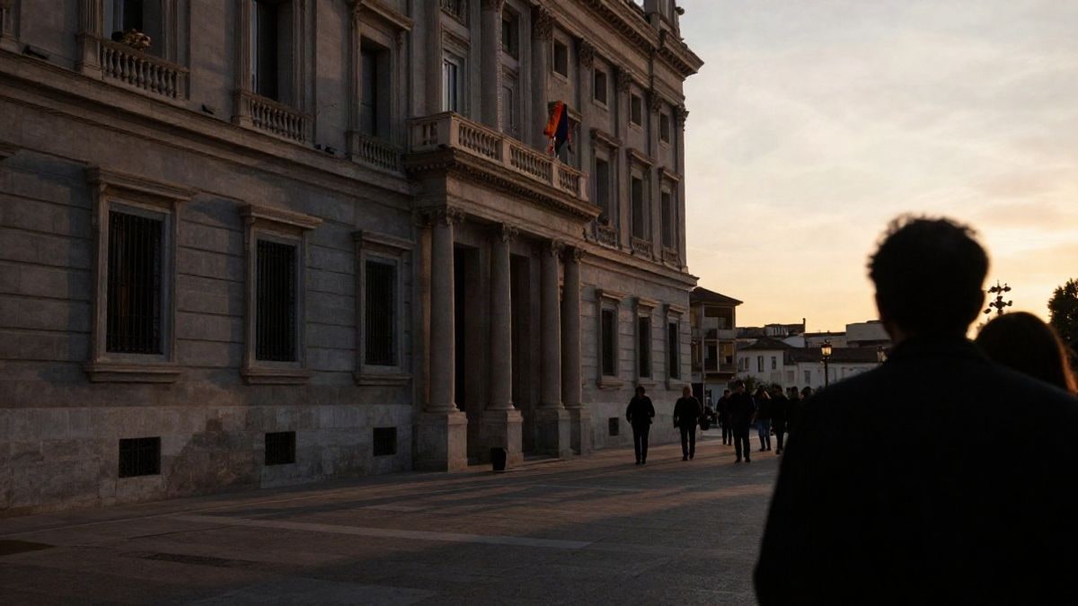 Imagen ilustrativa: fachada de un edificio institucional europeo genérico a contraluz al atardecer, con siluetas y sombras largas
