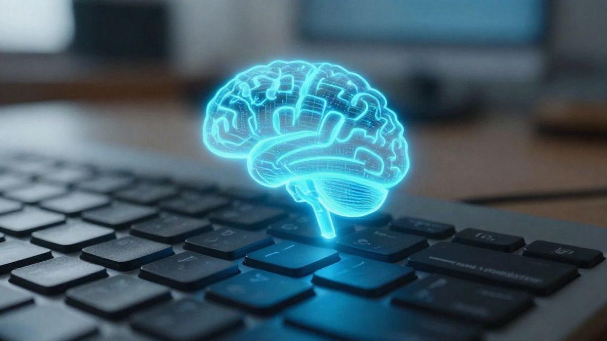 Imagen ilustrativa: primer plano de un teclado de ordenador con un holograma de cerebro digital flotando sobre las teclas