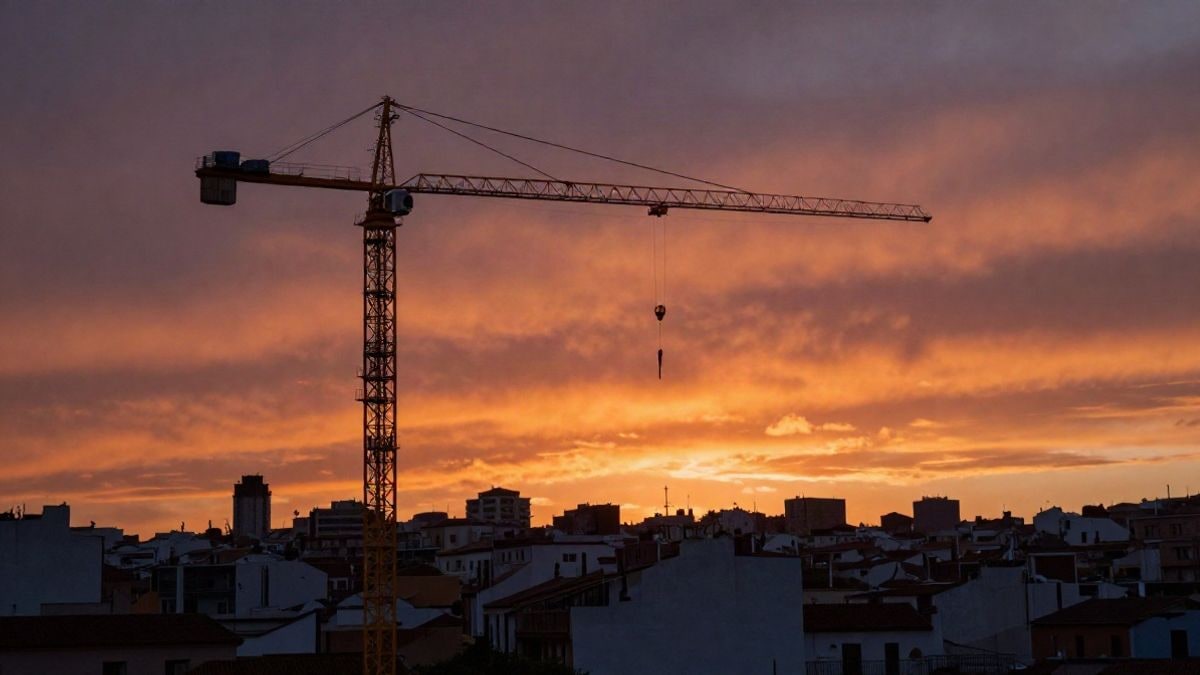 Imagen ilustrativa: grúa de construcción y edificios al atardecer en una ciudad española