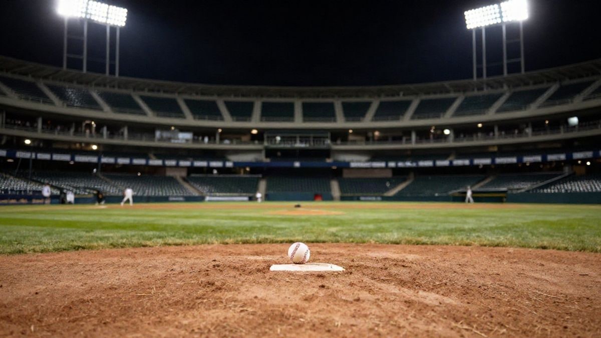 Imagen ilustrativa: estadio de béisbol de noche iluminado por focos, con las gradas vacías y un balón en el montículo
