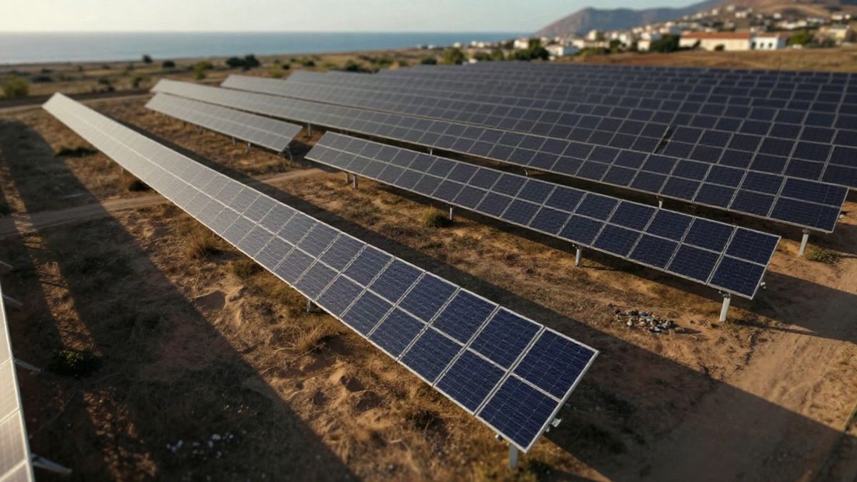 Illustrative image: aerial view of rows of photovoltaic solar panels in a coastal landscape at sunset