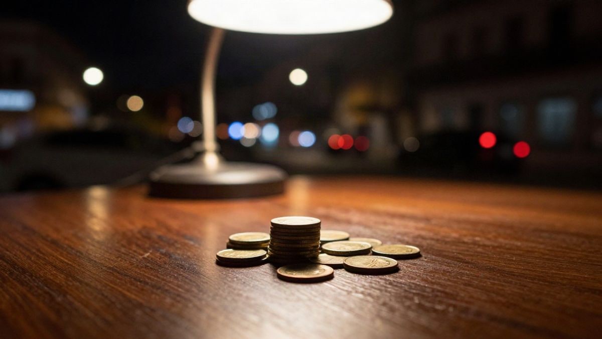 Illustrative image: stacked coins on a wooden table illuminated by a warm lamp at night