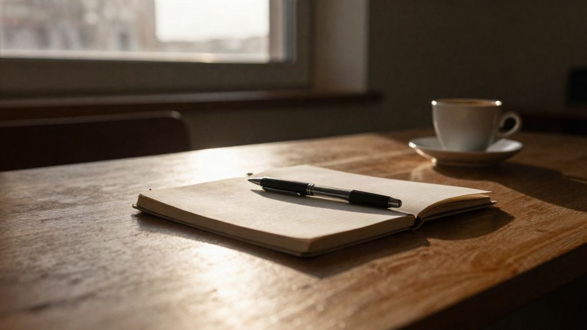 Imagen ilustrativa: un escritorio de madera vacío con una libreta cerrada y una taza de café, iluminado por el sol del atardecer
