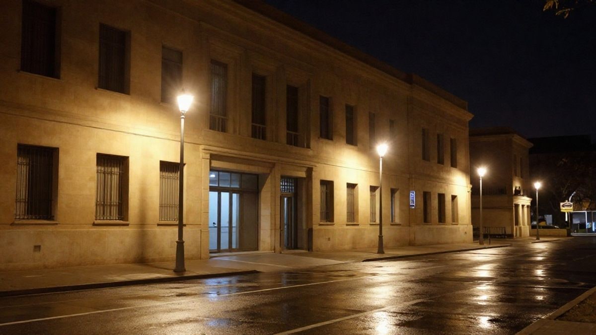 Illustrative image: facade of an institutional building without people, illuminated by streetlights and spotlights on an urban night
