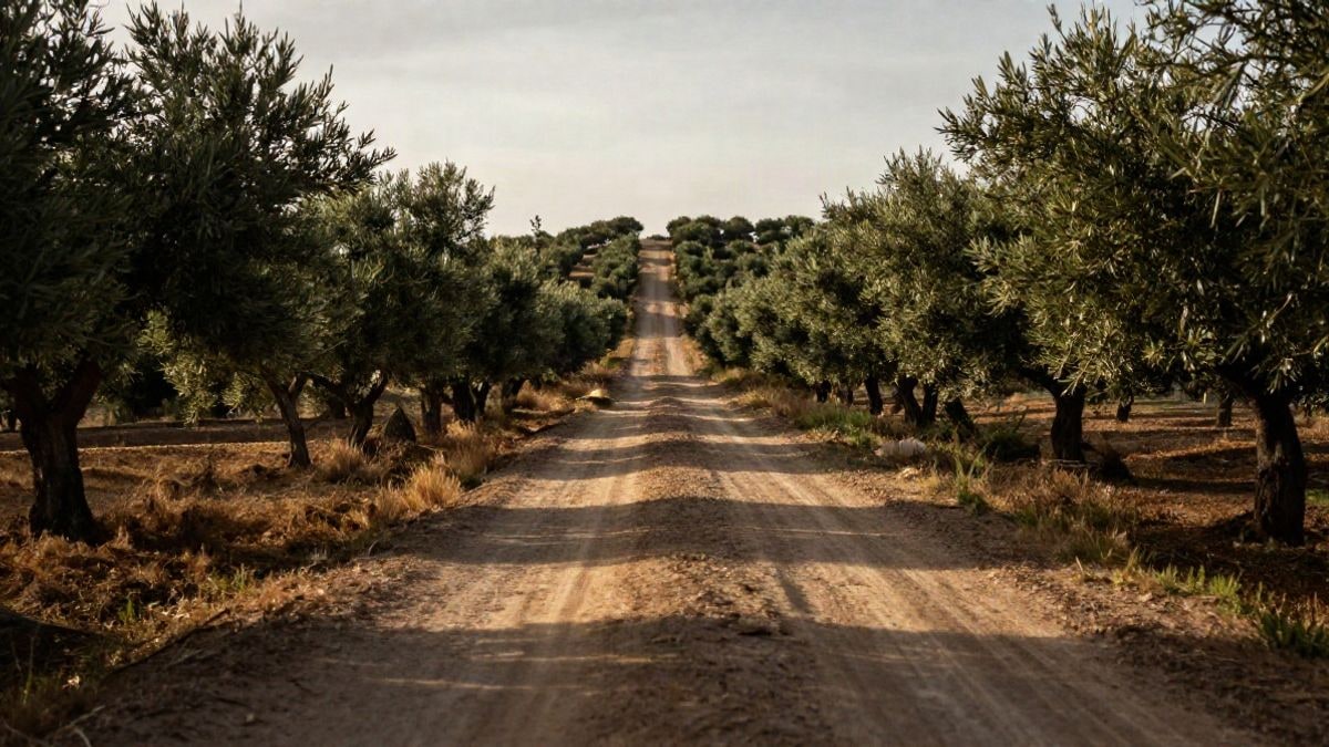 Illustrative image: rural path disappearing among olive groves on a hillside at sunset