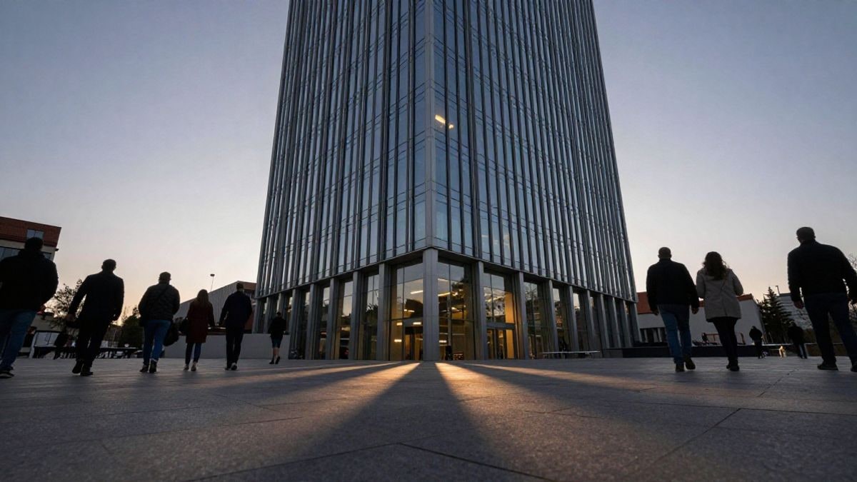 Imagen ilustrativa: torre de oficinas de cristal contra un cielo al atardecer, vista desde una plaza a ras de suelo