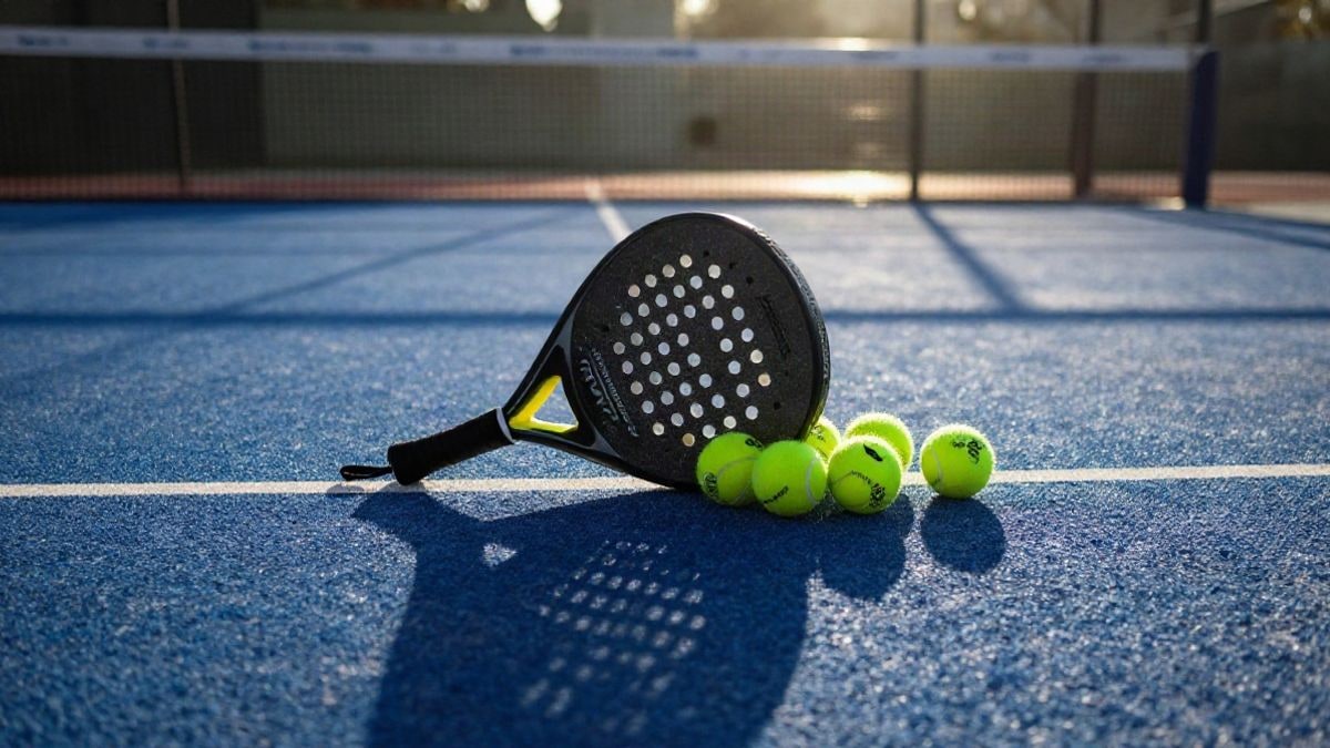 Imagen ilustrativa: palas y pelotas de pádel sobre una pista al atardecer, con sombras largas
