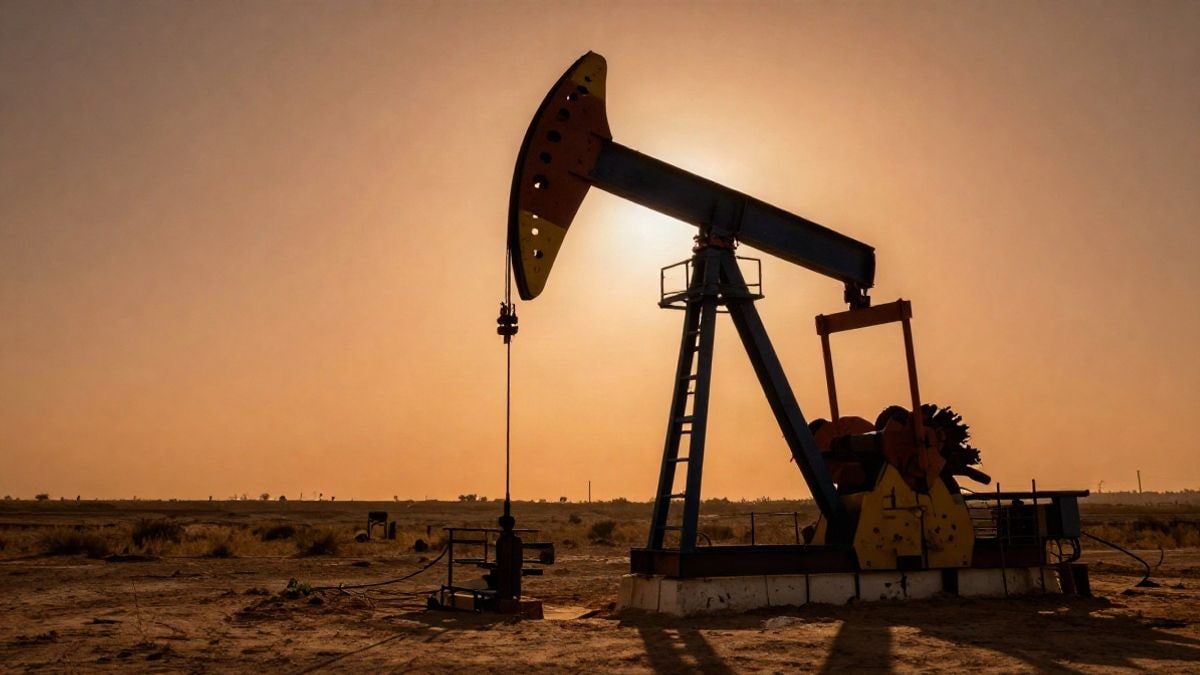 Imagen ilustrativa: silueta de una bomba de extracción de petróleo contra un cielo anaranjado al atardecer.