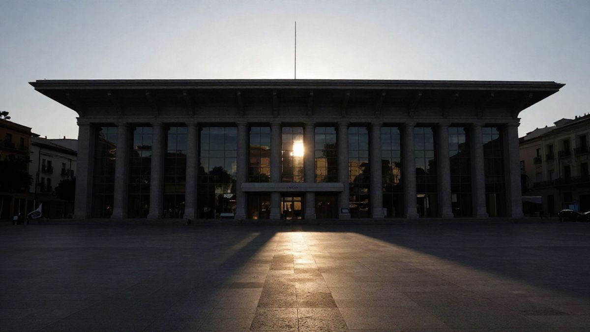 Illustrative image: silhouette of a stock exchange building at sunset with elongated shadows