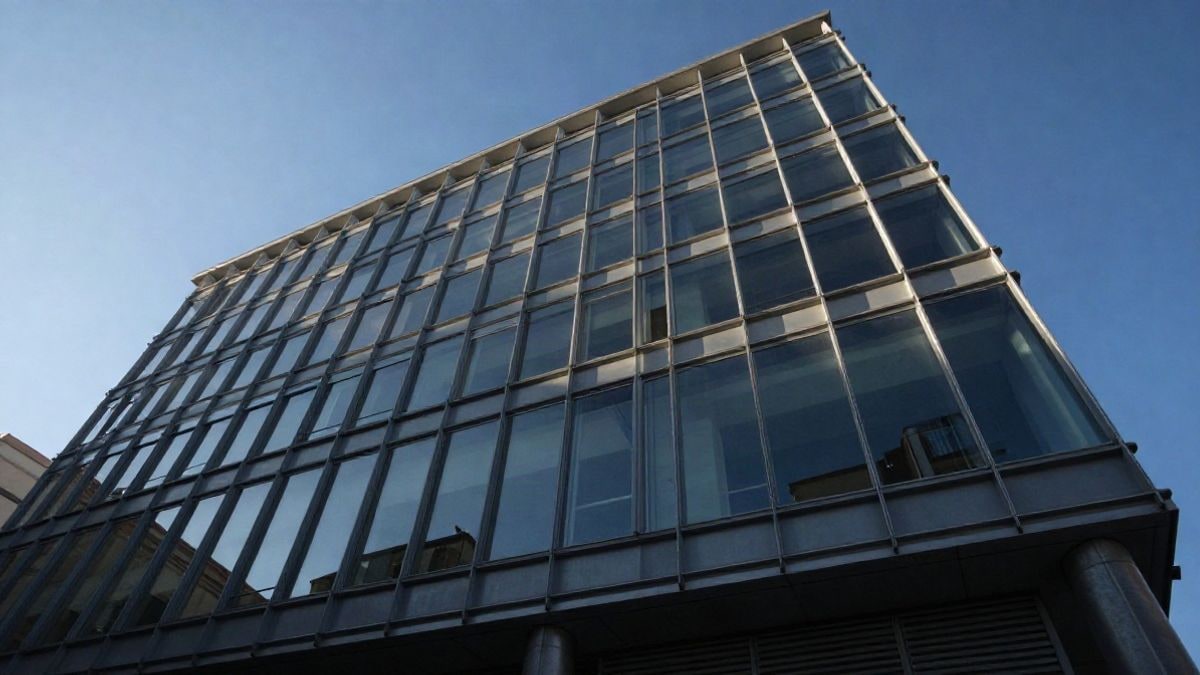 Illustrative image: facade of a modern glass office building viewed from below against a blue sky