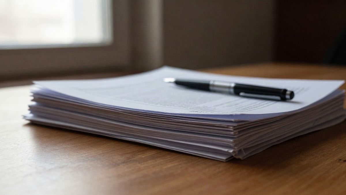 Illustrative image: official documents and a pen on a wooden table by a window