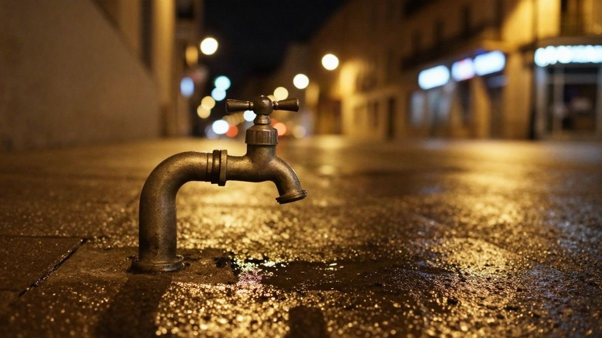 Imagen ilustrativa: grifo de agua metálico sobre una calle mojada iluminada por farolas de noche