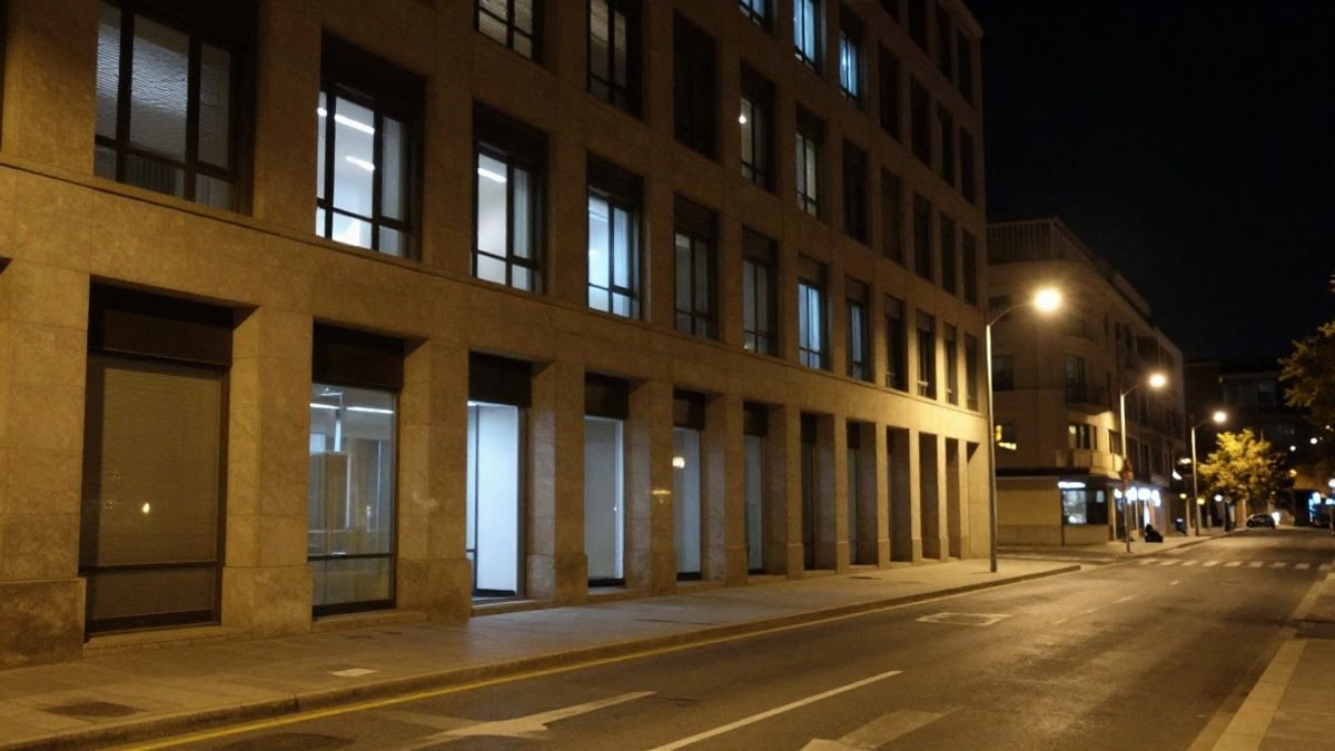 Imagen ilustrativa: fachada de un edificio de oficinas iluminada de noche, con luces artificiales en las ventanas