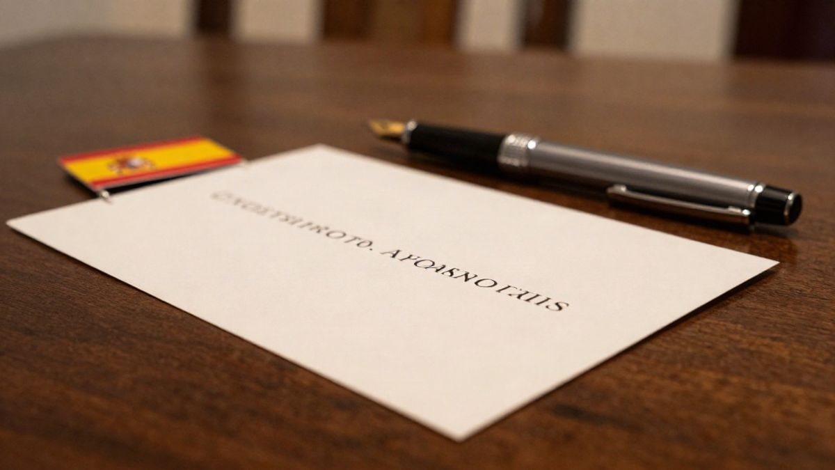 Imagen ilustrativa: primer plano de una invitación sobre una mesa de madera con un bolígrafo y un pin con la bandera de España